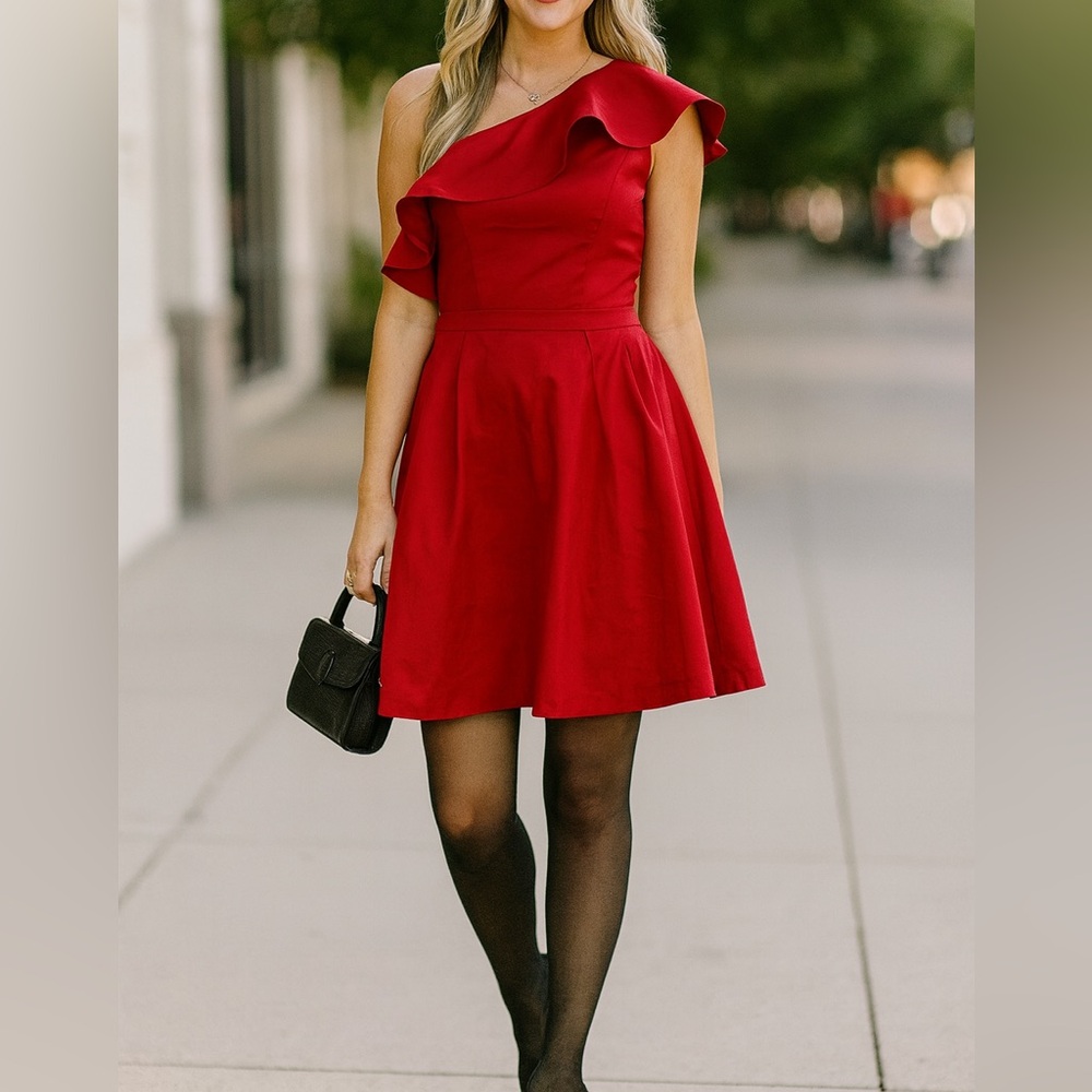 Blondie Nites Red Satin One Shoulder Dress Size 5 6 Ruffle Cocktail Prom Pocket